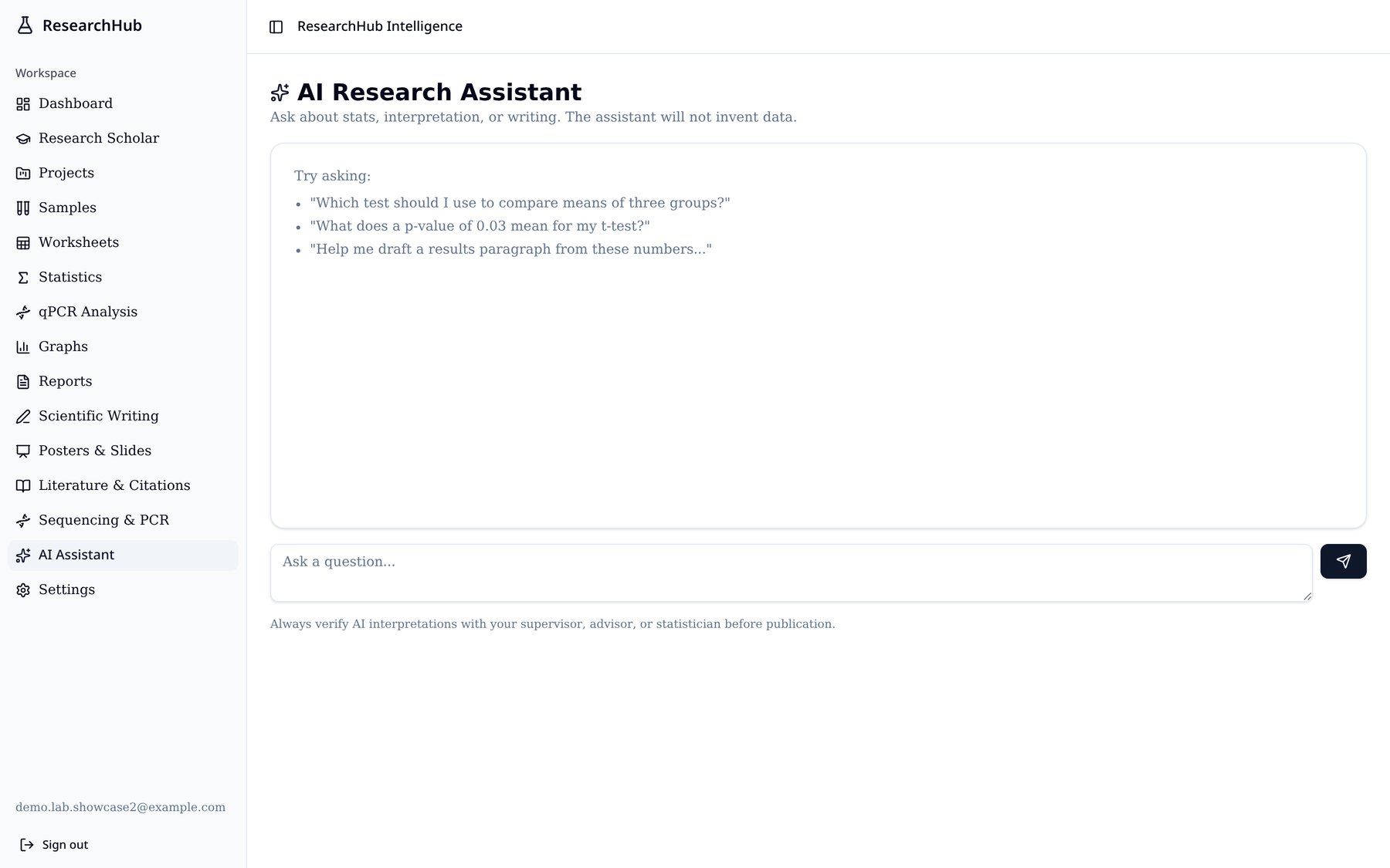 AI assistant in ResearchHub explaining which statistical test to use for a two-factor experiment