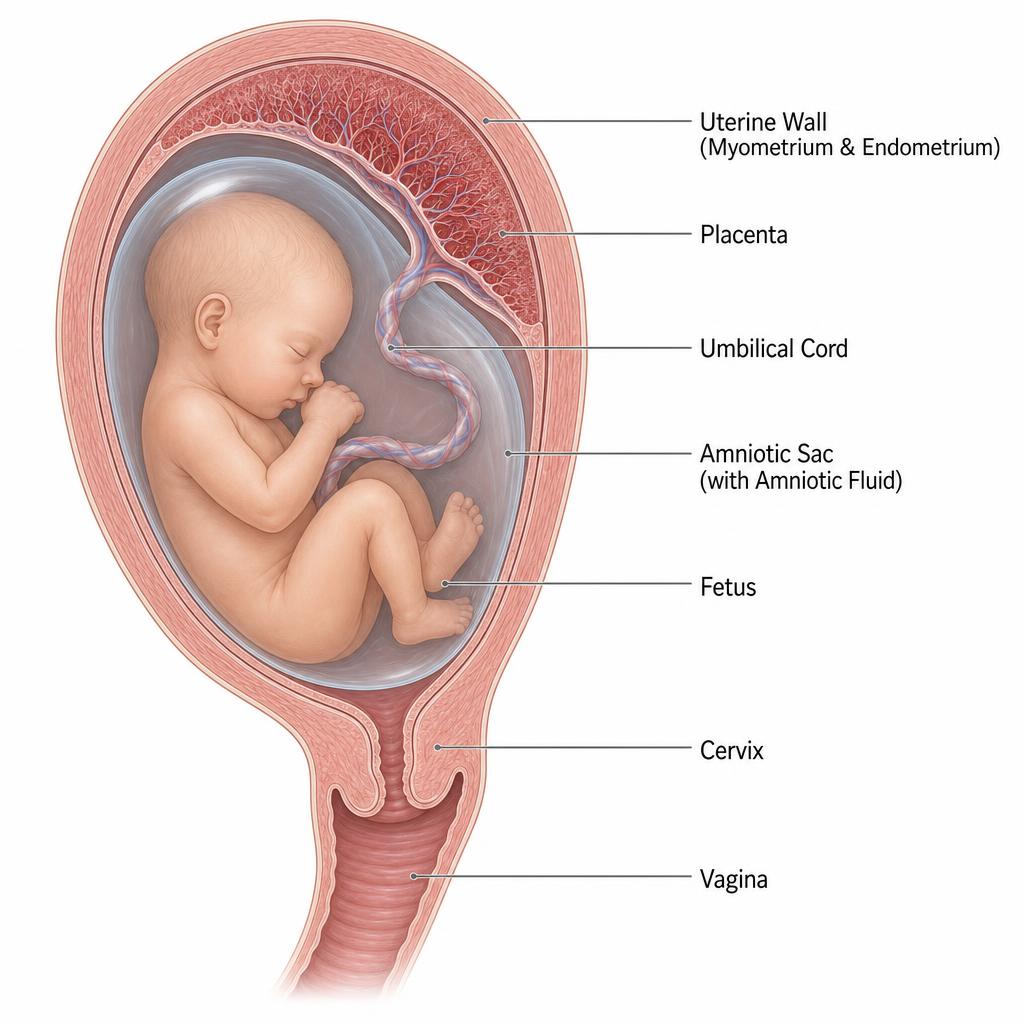 Example figure generated in ResearchHub: labelled anatomical cross-section of a fetus in the womb showing uterine wall, placenta, umbilical cord, amniotic sac, fetus, cervix and vagina